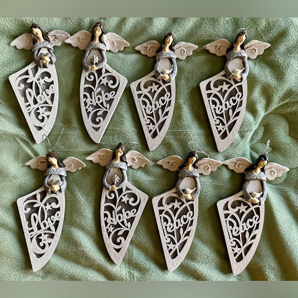 8 Angel Christmas Tree Ornaments Wooden Laser Cut Approx. 5.75” Peace Love Hope